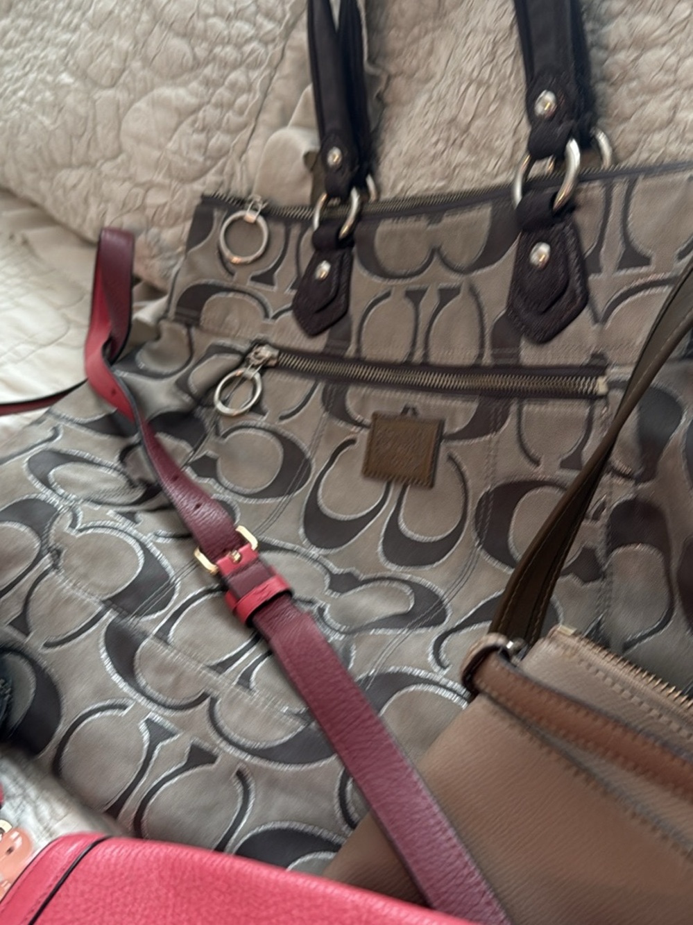 Coach Signature Canvas Tote with Brown Trim and Burgundy Strap